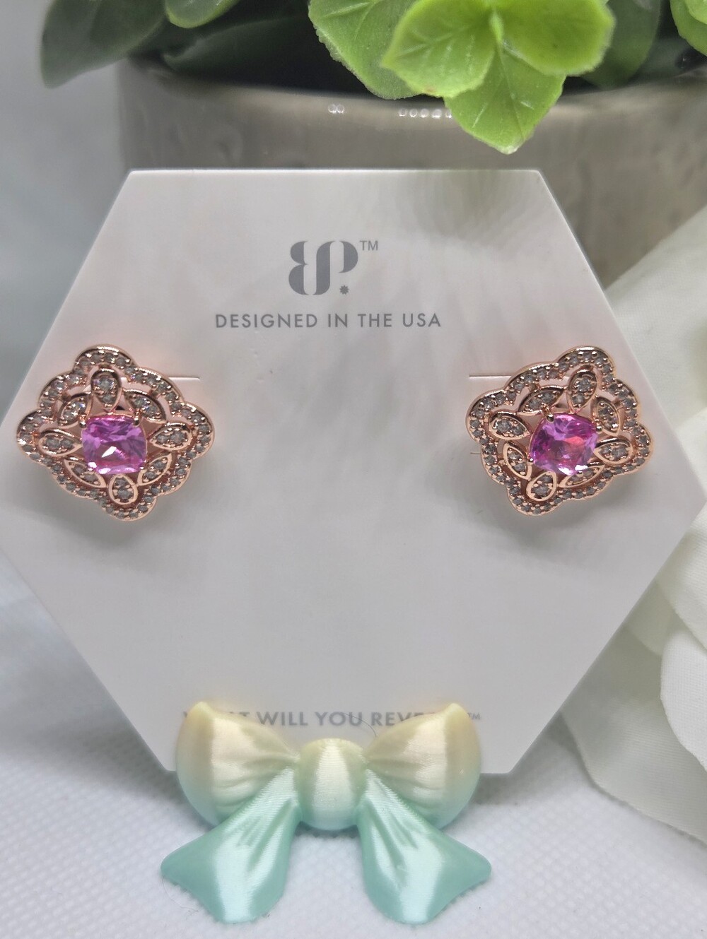 BP Rose Gold Pink Corundum Floral Stud Earrings